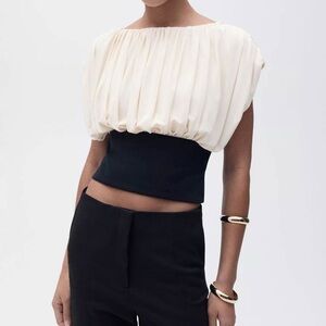 MANGO NWOT Cream and Black Draped Top M Never worn/ tried on. Tags off (a gift)